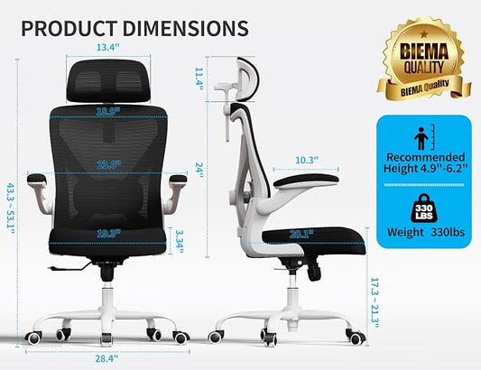 Ergonomic Office Chair - Mesh Desk Chair with Adjustable Lumbar Support High Back Computer Gaming Chairs - Big and Tall Office Chairs Adults, Comfortable for Long Hours, White Black