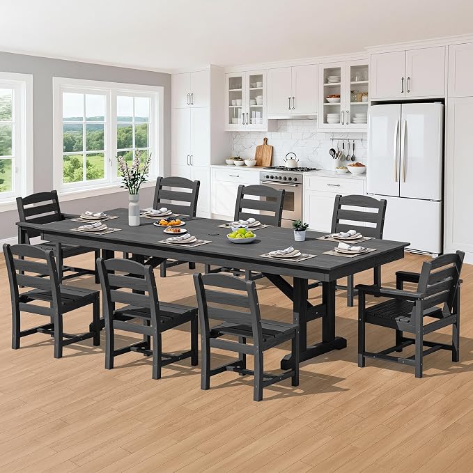 SERWALL 9 Piece 84" HDPE Outdoor Dining Set with 6 Armless Chairs, 2 Armchairs and Umbrella Hole for 8, Black