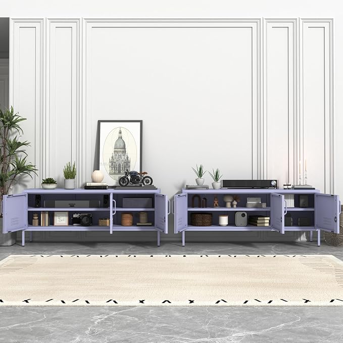 3 Door TV Stand with Storage Locke Metal TV Cabinet with 2-Tier Multi-Purpose Lockable Wide Storage Cabinet, Media Console Table with Metal Legs for Living Room, Bedroom,Office,Purple 
