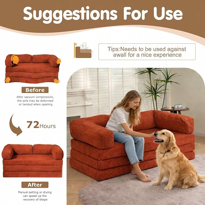 Convertible Sofa Bed Queen,5-in-1 Boneless Couch with Removable Armrests & Handle,Corduroy Futon Sleeper Sofa,Floor Folding Mattress Pull Out Bed for Small Space Apartment Living Room Bedroom,Orange