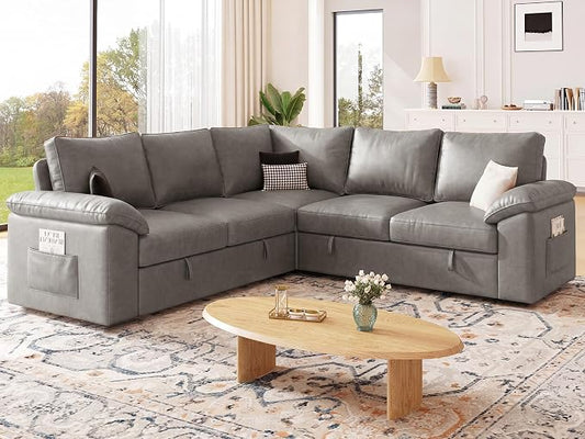 85 Inch Faux Leather Modular Sectional Sofa with Pull Out Bed, L Shaped 5 Seat Sectional Sleeper Sofa with Storage, Sectional Couches for Living Room, Cloud Modular Couch,Gray Leather
