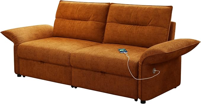 85'' Sofa Bed Full, Assembly, 3 in 1 Sleeper Sofa Beds, Flannel Pull Out Couch for Living Room, Charging & Adjustable Armrest, Comfy Loveseat for Small Space, Flannel Orange