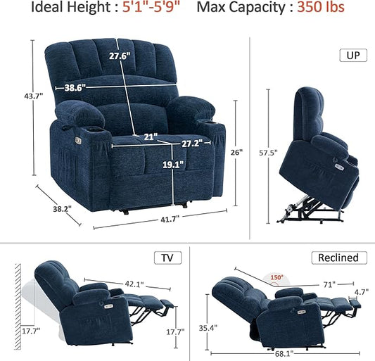 MCombo Power Lift Recliner Chair for Elderly, Lift Chair with Heat and Massage, Extra Wide Lift Recliner for Big People, Fabric R7096 (Medium-Wide, Navy Blue)