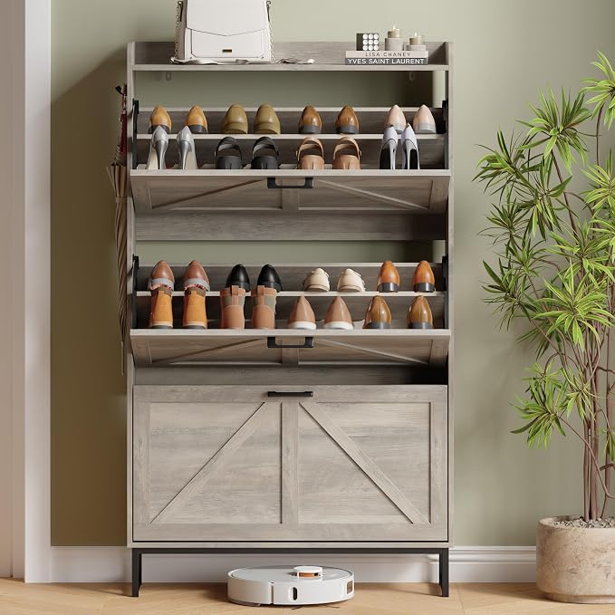 Shoe Cabinet with 3 Flip Drawers, Freestanding Hidden Shoe Storage Organizer for Entryway, Narrow Slim Shoe Rack Cabinet with Open Storage & Hooks for Front Door Entrance, Living Room, Hallway, Grey