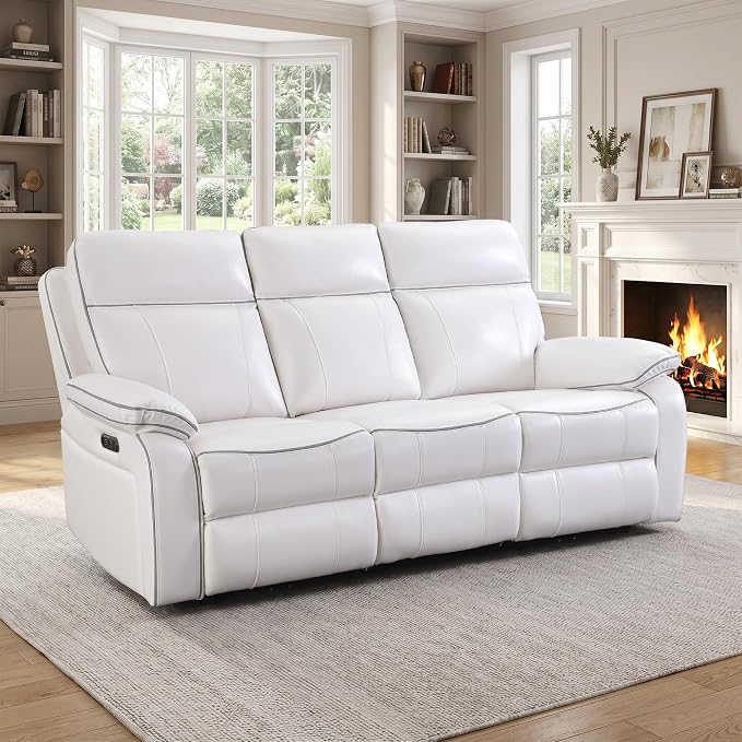 Power Reclining Sofa with Fold Down Table, Breathable PU Leather Electric Reclining Couch, 3 Seater Recliner Sofa with Power Outlets/USB-C/A Ports for Living Room(White, 3 Seat)