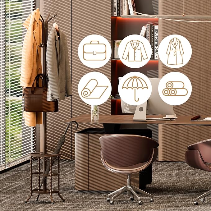 Coat Rack Freestanding With Umbrella Holder – Metal Hall Tree with 12 Hooks, Entryway Organizer for Hats, Bags, and Clothes (Brown)