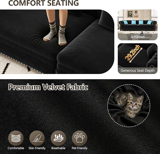 89" Velvet Convertible Sofa Bed Couch - Queen Sleeper Sofa with Ottoman, Button Tufted Chesterfield Sofa, King Size Pull Out Sleeper Couch Bed for Small Spaces Apartments, Living Room, Black