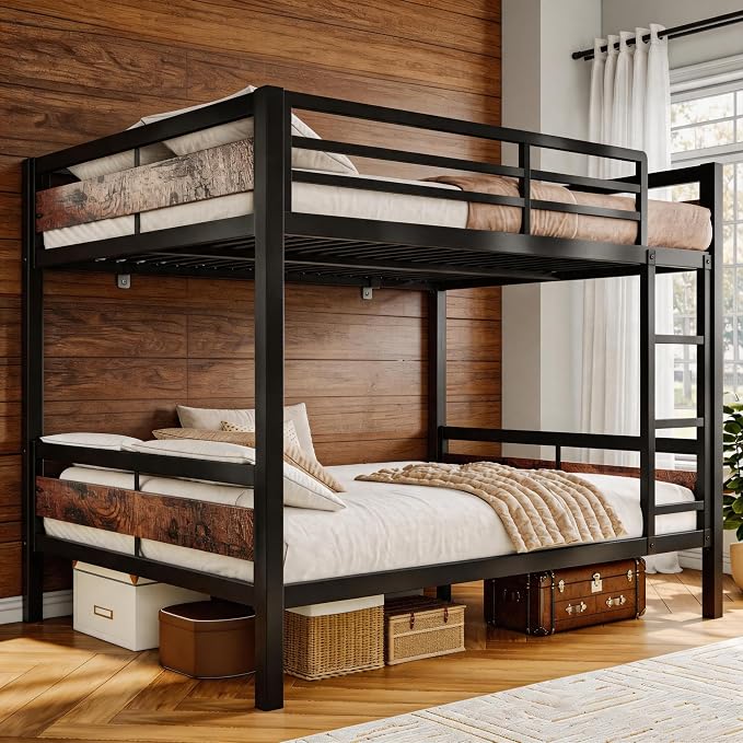 Einhomn Bunk Bed Full Over Full, Heavy Duty Metal Bed with Ladder and Full-Length Guardrail, Under-Bed Storage Space, No Box Spring Needed, Noise Free, Rustic Brown