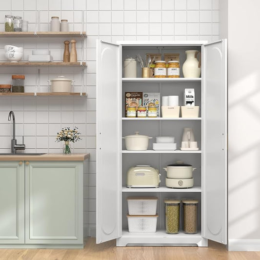 UNICOLY 71" Kitchen Pantry Cabinet, Pantry Storage Cabinet with Doors and 4 Shelves, Metal Storage Cabinets for Laundry Room, Living Room, Dinning Room, Assembly Required, White