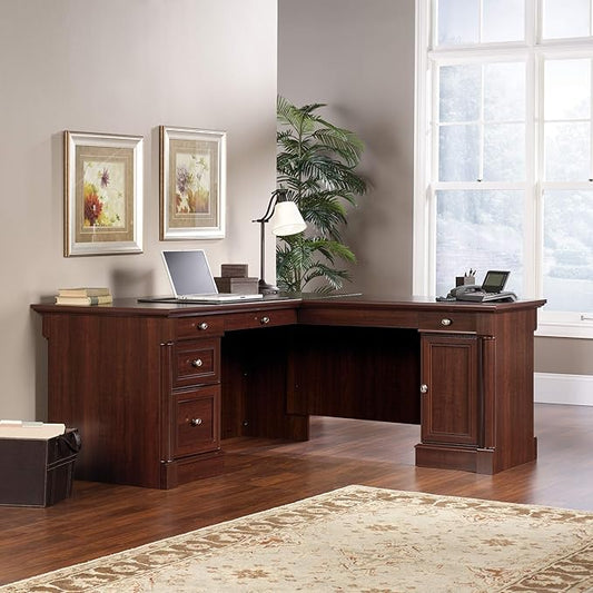 Sauder Palladia L Shaped Desk with Drawers, Office Desk with File Cabinet Storage, Cable Management, Keyboard Tray, in Select Cherry finish
