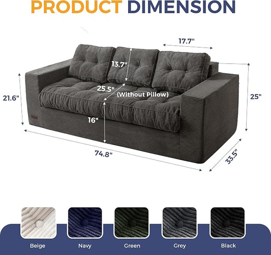 MAXYOYO Oversized Loveseat Sofa Couch, Upholstered Bean Bag Chair Cloud 3-Seat for Adults, Boneless Couch with Tufted Cushion & Pillows, Sofa in A Box, No Assembly Required, Dark Grey