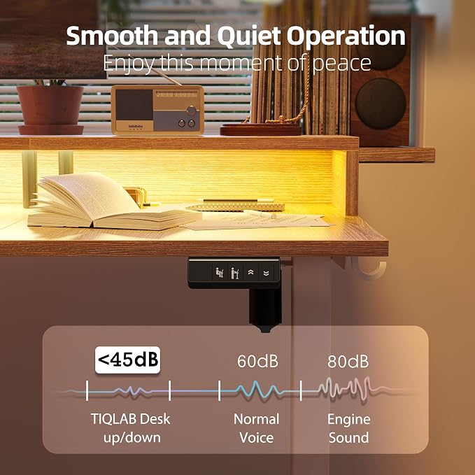 TIQLAB 63'' L-Shaped Standing Desk with LED Light Strip and Power Outlet, Height Adjustable Corner Table with Ergonomic Monitor Stand, Maple