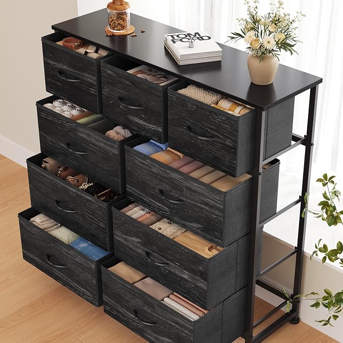 DUMOS 9 Drawer Dresser for Bedroom, Storage Organizer Chest of Drawers | Fabric Bins Storage Tower with Sturdy Metal Frame, Wood Tabletop for Closet, Black Wood