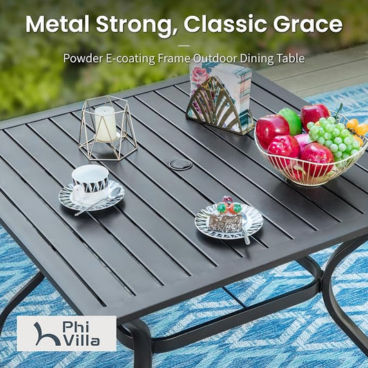 PHI VILLA 5 Pieces Outdoor Dining Set for 4, 37” Black Square Wrought Iron Table with Umbrella Hole & Stackable Chairs, Outside Metal Furniture for Patio, Deck, Yard, Porch
