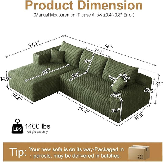 AUGOP 96" Sectional Couches for Living Room Modern Modular Sofa with L-Shape Couchs Upholstered Boneless Couch Deep Seat Sectional Couch with Chaise (Green, 96" Left Facing Chaise+2Seaters)