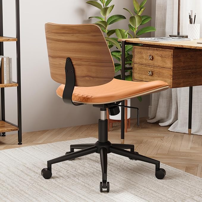 Modern Armless Office Chair with Wheels, Adjustable Swivel Desk Chair with Wide Seat and Tilt Function, Faux Leather Mid Century Task Chair for Home Office, Bedroom, Vanity, Brown