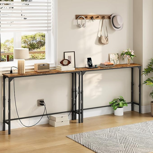 CHOEZON 78.7" Narrow Console Table with Adjustable Height (21.1"-29.9"), Set of 2, Behind Couch Table, Entryway Table with Power Outlet, Sofa Table for Entryway, Rustic Brown and Black TXG11UP2BF