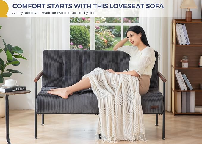 MAXYOYO Living Room Accent Chair, Loveseat Sofa Chair with Sturdy Metal Frame & Wood Armrests, Button Tufted Upholstered Small Couch Modern Love Seat for Bedroom Office, Dark Grey