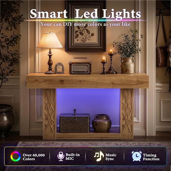 Unikito 63" Console Table with Outlets & LED Lights, Farmhouse Entryway Table with Unique Geometric Pattern, Sofa Table Behind Couch with 2-Tier Storage for Living Room, Hallway, Foyer, Natural Oak