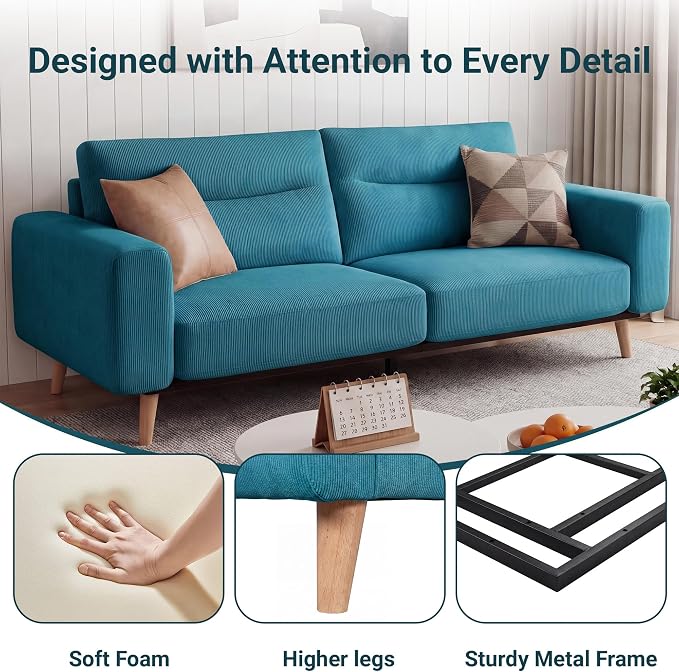 Claiks 81" Oversized Loveseat Sofa, Mid Century Modern Couch for Living Room, Bedroom & Apartment, Corduroy Upholstered 2-3 Seater Sofa with Sturdy Metal Frame, Easy Assembly, Blue