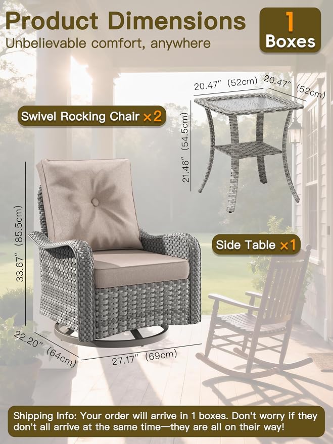 3-Piece Patio Furniture Set, Outdoor Swivel Rocking Chairs with 4" Thick Cushions & Side Table, All-Weather PE Rattan & Rust-Resistant Steel Frame Conversation Set for Porch, Garden, Backyard, Beige