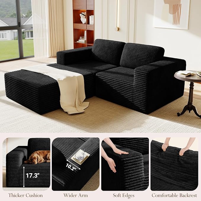 Vesgantti 80" Modular Sectional Sofa, Corduroy Cloud Couch with Deep Seats & Spring Support, Compact 2 Seater Boneless Couch, L-Shaped Modular Sofa for Small Spaces, Apartments, No Assembly, Black