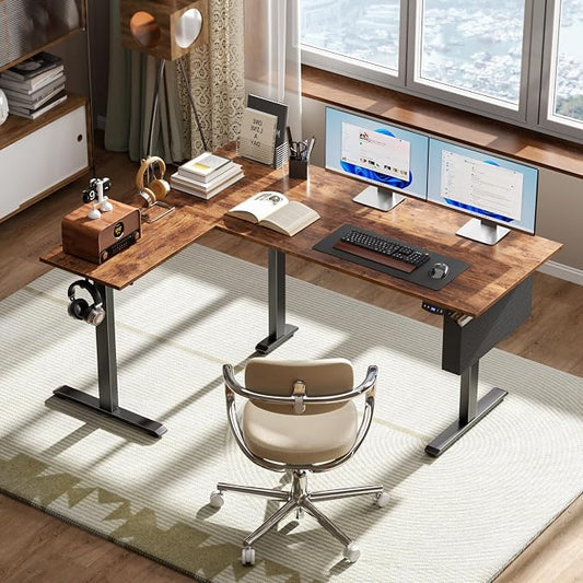 Korfile L Shaped Electric Standing Desk,63 Inch Adjustable Height Sit to Stand Corner Desk with Memory Presets, Reversible Computer Table for Home Office, Work and Study, Rustic Brown