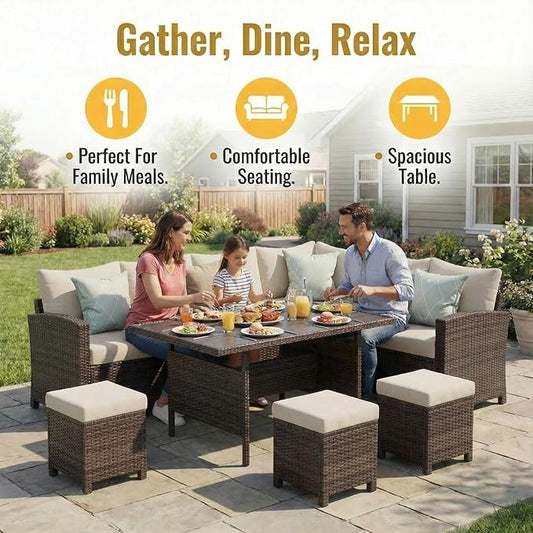 Wisteria Lane 7 Piece Patio Furniture Set, Wicker Patio Sectional with Wide Armrest, All Weather Outdoor Dining Set, Outdoor Furniture Patio Conversation Set with Ottoman, Beige