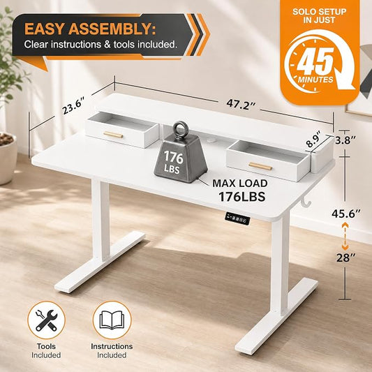Grandder Electric Standing Desk with Two Drawers, Sit to Stand Up Height Adjustable Desk with Storage Shelf for Home Office, 47 * 24 Inch, Study, Ergonomic Adjustable Computer Desk, White