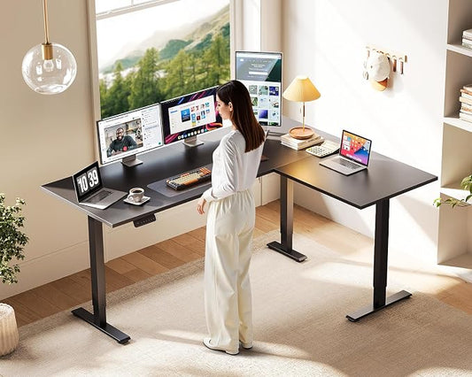 Casaottima 63 Inch Reversible L Shaped Electric Standing Desk, Ergonomic Height Adjustable Desk, Large Lift Corner Stand up Table for Workstation, Home Office, Reception Room, Black