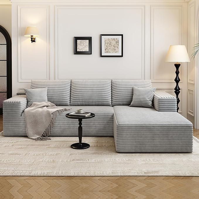 107.5" Cloud Modular Sectional Sofa Couch with L-Shape Chaise,Modern Minimalist Upholstered Couches for Living Room Bedroom,Deep Seat Corner Couch,No Assembly Required (Grey,Right Facing Chaise)
