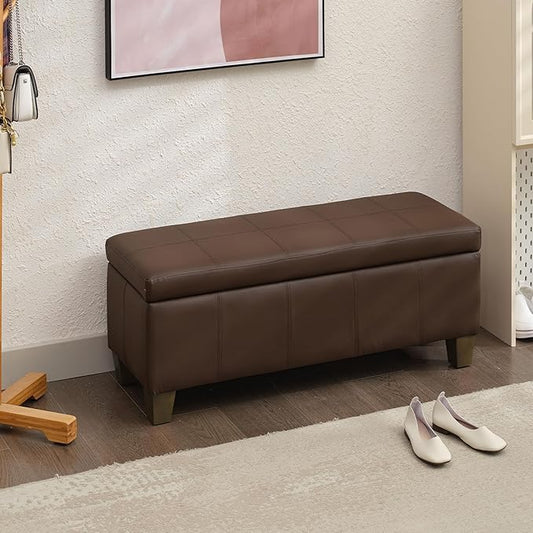 41" Storage Ottoman, Storage Bench with Safety Hinge, Upholstered Synthetic Leather Ottoman Bench for Bedroom, Living Room, Entryway, Hallway, Foot Rest, Support 500lbs, Brown