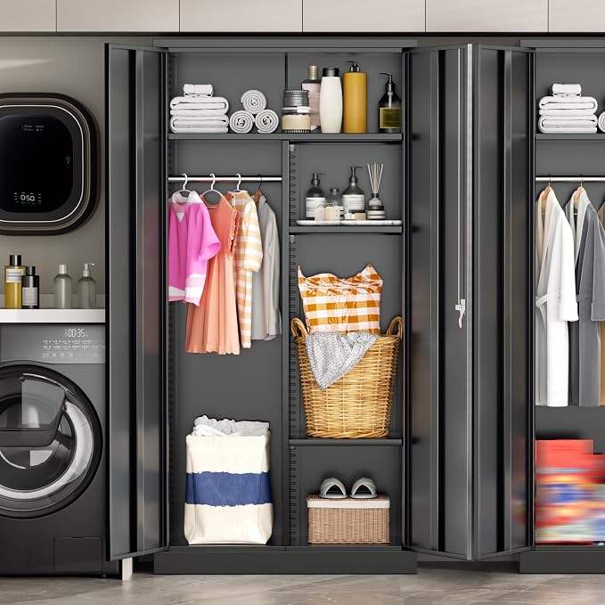Greenvelly Metal Wardrobe Cabinet with Locking Doors, 72"H Black Metal Wardrobe Closet with Hanging Rods and Adjustable Shelves, Clothing Storage Closet for Home, Office, Employee, Gym (16" D x 32" W)