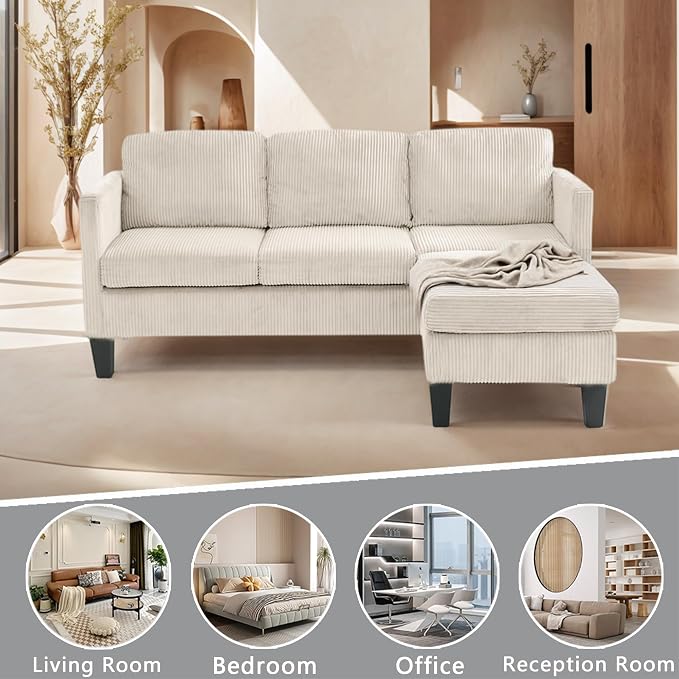 67'' L-Shaped Velvet Modular Sectional Couch Sofa with Ottoman, 3-Seat Convertible Cloud Deep Seat Sofa Couches for Living Room Bedroom Apartment, Cozy Chaise Lounge Sofas (Off White)