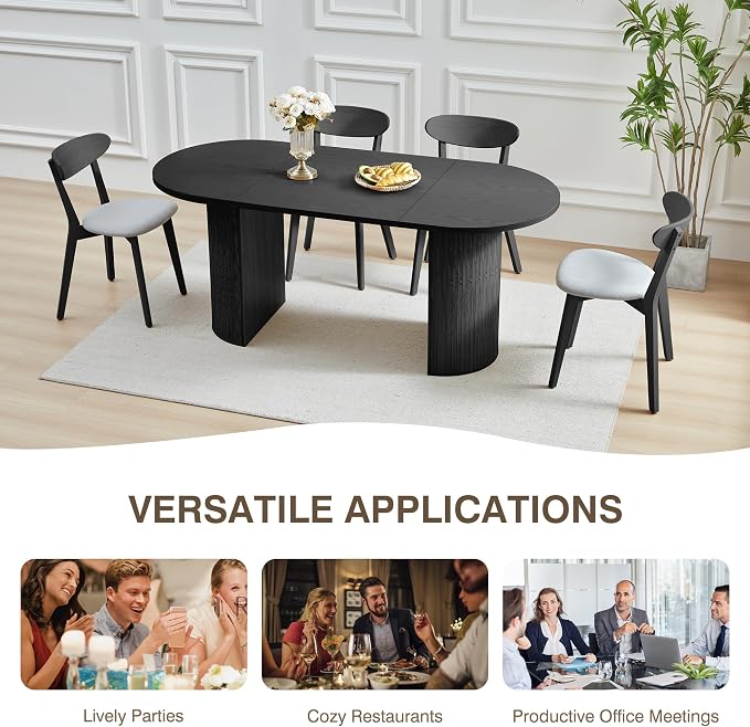 70.8 Inch Dining Table for 4-6 People, Oval Kitchen Table with Semi-Cylindrical Legs Base, Modern Farmhouse Round Dinner Tables for Dining Room Kitchen Living Room (Black)