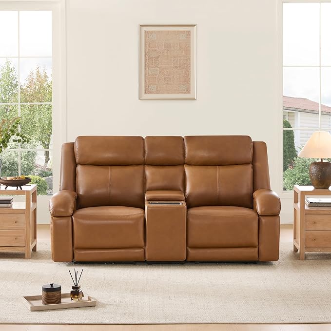 Watson & Whitely Genuine Leather Power Loveseat Recliner Sofa, Wall Hugger Loveseat Reclining Sofa with Storage Console, Power Headrest, Cup Holders, Dual Recliners for Living Room, RV, Saddle Brown