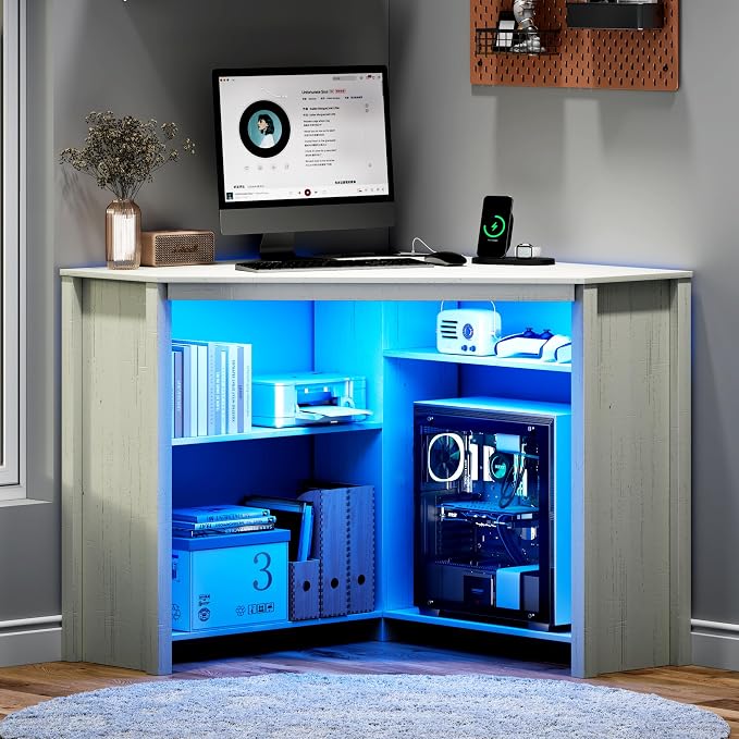 Corner Desk with Charging Station and LED Lights, White | Triangle gaming computer desk for home office, Features space saving storage shelves, CPU stand, and smart LED light