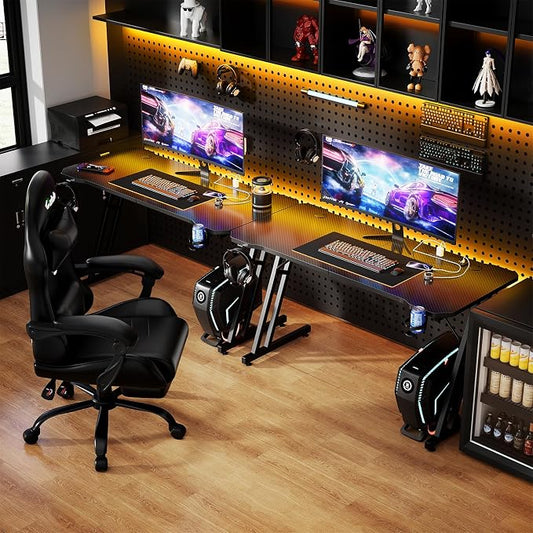 Czlolo 47 Inch Gaming Desk with Power Outlets, L-Shape Leg Computer Desk, Gamer Desk for Small Space, Wtih Cup Holder, Headphone Stand, USB& Tpye-C Ports, Carbon Fiber Surface, Black