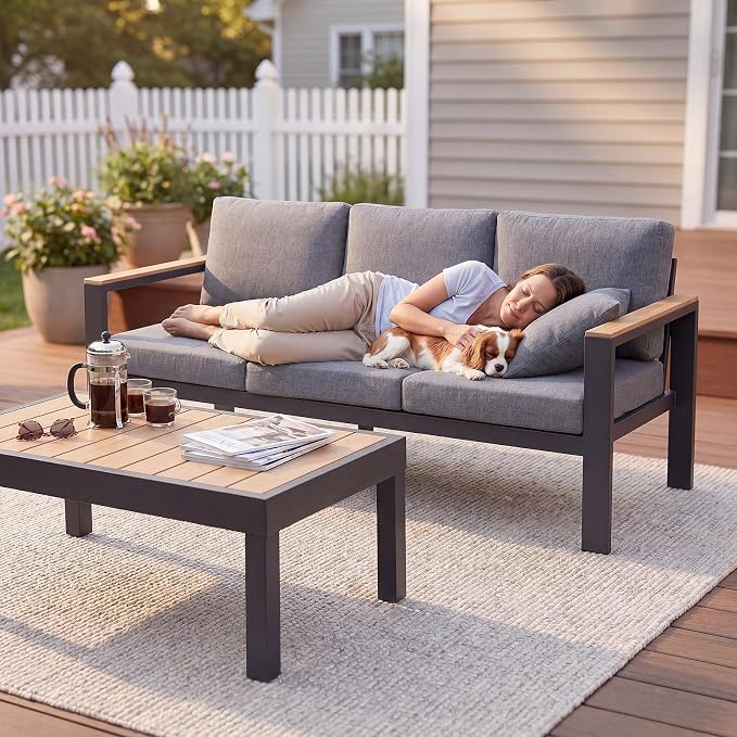 3-Seat Aluminum Outdoor Sofa, 1-Piece Powder-Coated Patio Sectional Sofa with 1.5mm Thick Frame, Anti-Hot Armrest & Waterproof Removable Cushions, Large Outdoor Couch for Backyard Courtyard Grey