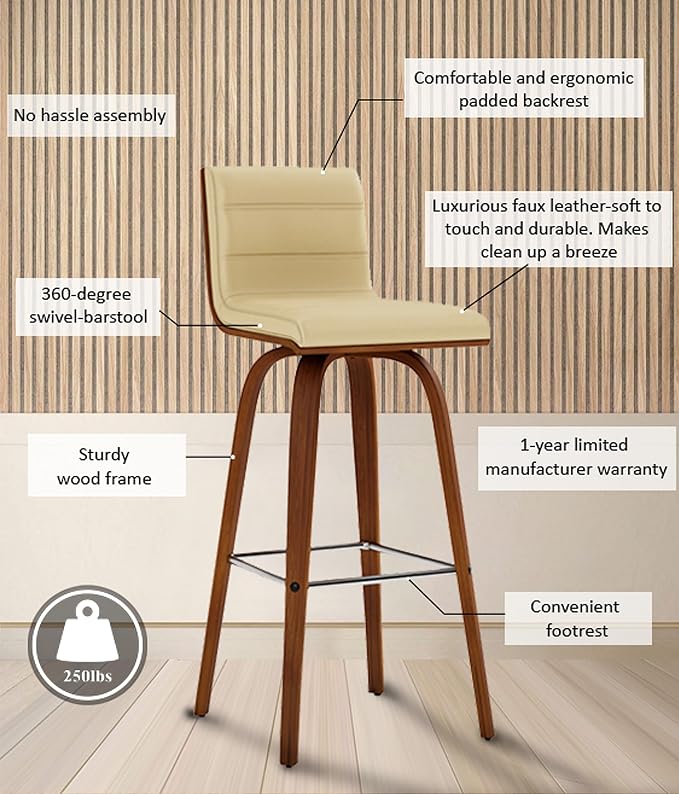 Vienna 30" Swivel Bar Stool in Walnut Wood Finish with Cream Faux Leather - Set of 3