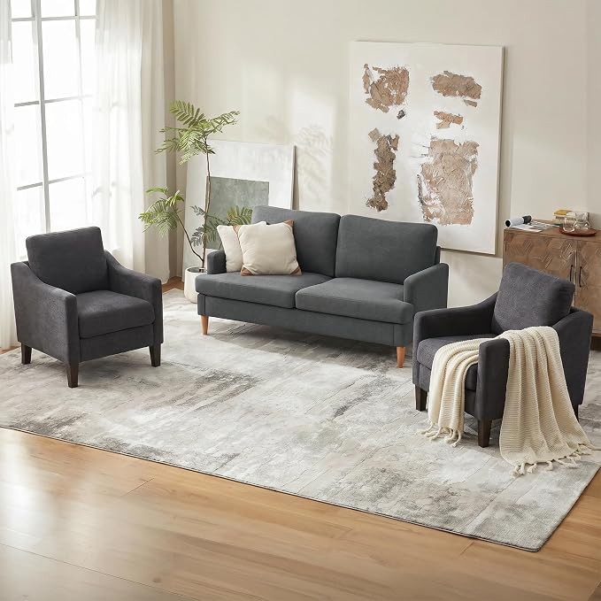 VKNOW Mid-Century Accent Chairs Set of 2, No Tools Assembly Required, Modern Upholstered Polyester Armchairs for Living Room & Bedroom, Comfortable Reading Chairs with Wood Legs, Dark Grey