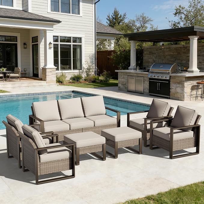 Joyside Outdoor Patio Chairs, 7 Pieces Wicker Rattan Furniture Set, 4 Patio Chairs, 1 Sofa and 2 Ottoman, Metal Wide Armrest, Thick Cushions and Deep Seating for Garden, Backyard, Porch, Deck