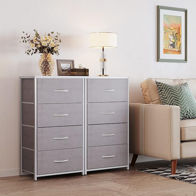 ODK Dresser for Bedroom with 4 Storage Drawers, Small Dresser Chest of Fabric Drawers with Sturdy Steel Frame, Wood Top, Light Grey