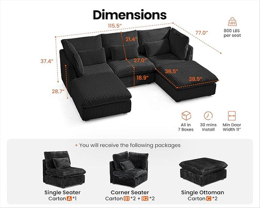 115" Oversized Corduroy Couch Modular Sectional Sofa, Washable Cloud Couch Sectional with 2 Ottoman, 5 Seater Sectional Couches for Living Room, Fully Cover Removable, U Shaped, Corduroy, Black