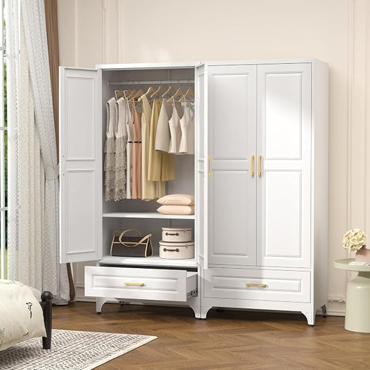 Polup Metal Wardrobe Closet with Doors and Shelves, 71" Tall Steel Armoire with Hanging Rod & Storage Drawer, Sturdy Freestanding Clothes Organizer for Bedroom, Office, Laundry Room, White