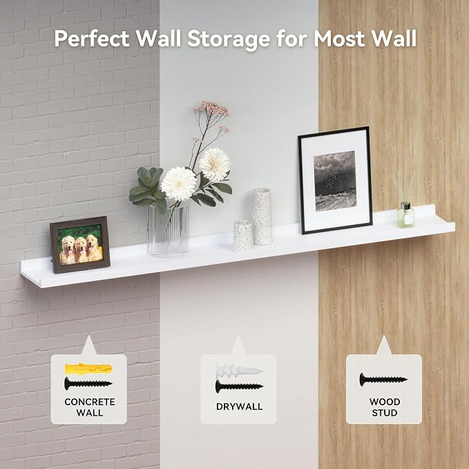 Boswillon 70.9 Inches Long Floating Shelves, 2 Set White Wall Shelf for Bedroom, Nursery Book Shelf with Lip, Picture Ledge Shelf for Wall Decor Living Room Bathroom Kitchen