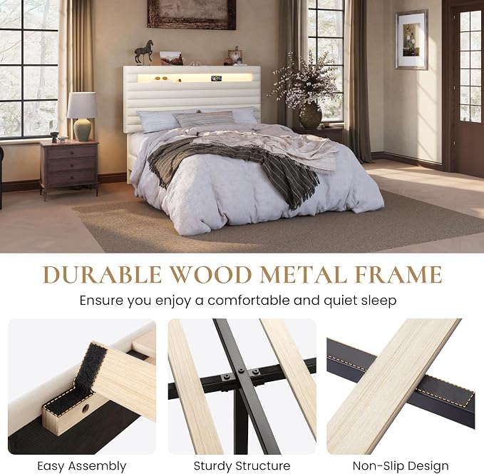 SHA CERLIN Queen Bed Frame with LED Light & 2-Tier Storage Shelf, Velvet Upholstered Adjustable Headboard with Charing Station, Horizontal Channel Tufted, No Box Spring Needed, Easy Assembly, Cream
