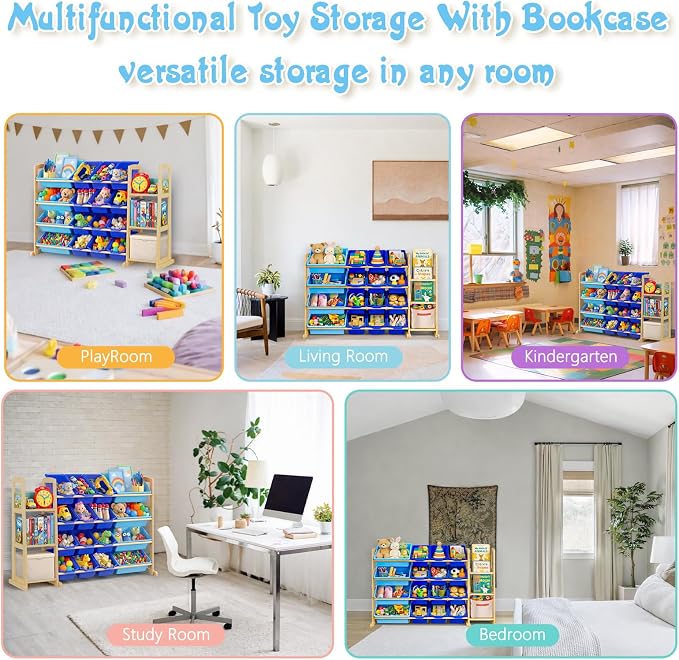 Kids Toy Storage Organizer with Bookshelf – Wooden Shelf with 16 Bins & 3 Shelves, Quick Assembly Storage Rack for Playroom, Bedroom, Nursery - Blue