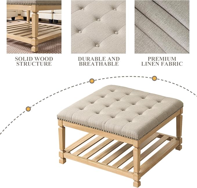 Befurtori Large Square Ottoman Coffee Table, Linen Solid Upholstered Footrest Ottoman with Solid Wood Shelf Storage Tufted Coffee Table for Bedroom Living Room-Gray Linen
