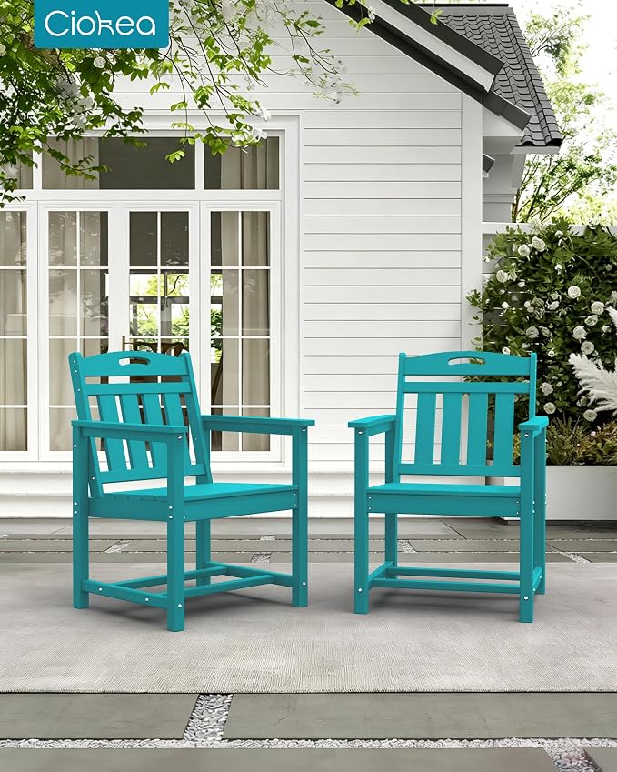 Ciokea HDPE Outdoor Patio Dining Chairs Set of 2, All-Weather Porch Chair with Wide Seat, Durable Outdoor Furniture for Backyard, Garden, Lawn & Poolside, Lake Blue